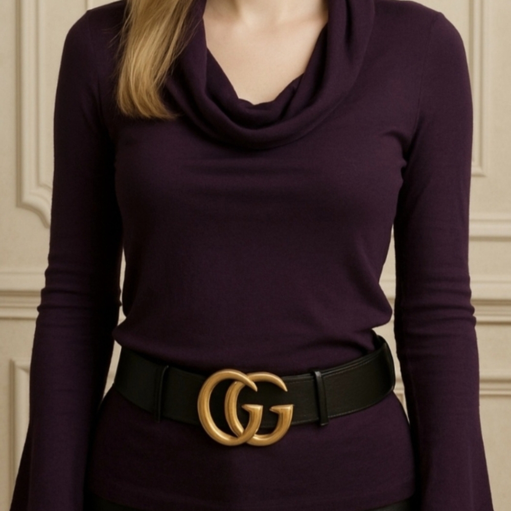 Gucci Signature Black Leather Belt with Gold GG Marmont WIDE Buckle  Sz 90 Cm